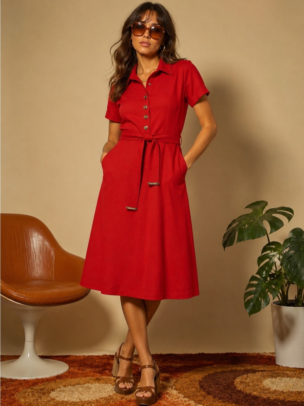 Tommy Hilfiger Shirt Dress w/Tie Belt Women’s Size 10 Bright Red Gold 70’s Glam